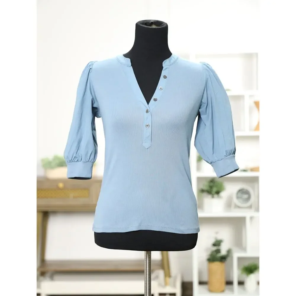 Veronica Beard Dusty Blue Ribbed Cotton Puff Sleeve Quiet Luxuy Capsule Top S - Picture 4 of 15